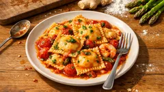 Ravioli fusion fatti in casa: gamberetti, asparagi e zenzero con sugo di pomodorini