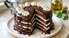 Torta di pancake al cioccolato: strati soffici, crema al latte e ganache lucida