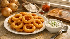 Anelli di cipolla in pastella croccante con salsa allo yogurt: perfetti per l’aperitivo