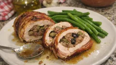 Rollè di tacchino al forno con pancetta, salsiccia e olive: morbido e profumato