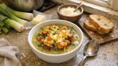 Zuppa di porri gratinata: crostini e formaggio per una cena calda e golosa