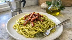 Linguine al pesto di pistacchi e speck: cremose senza panna, pronte in pochi minuti